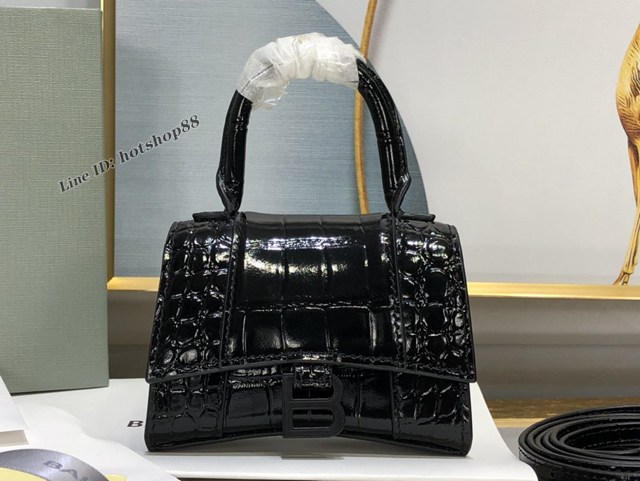 Balenciaga專櫃爆款升級版黑槍鱷魚紋沙漏包 巴黎世家mini Hourglass沙漏包 fyj1110